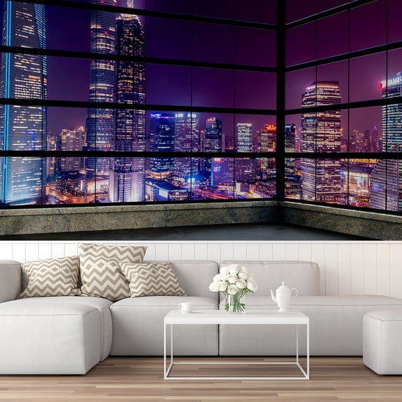 Idea4wall 8pcs 3D Cityscape Light Night Scene Stick Wallpaper Removable Wall Murals Large Wall Stickers for Home Decoration, 72"x192"