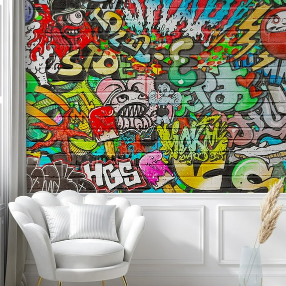 Idea4wall 8pcs Mural Vibrant Neon Spray Paint Typography Graffiti & Street Art Pop Stick Wallpaper Removable Wall Murals Large Wall Stickers for Home Decoration, 72"x192"