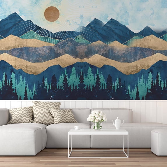 Idea4wall 8pcs Nordic Style Mountain & Sunshine Stick Wallpaper Removable Wall Murals Large Wall Stickers for Home Decoration, 72"x192"
