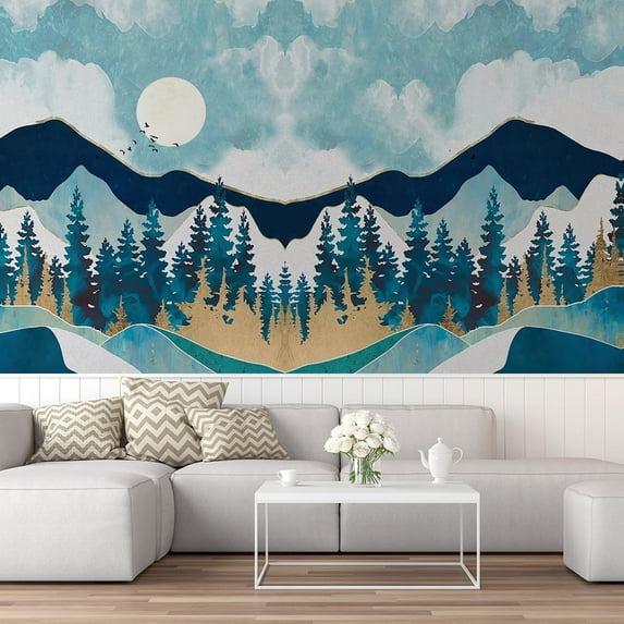 Idea4wall 8pcs Nordic Style Snowy Mountain & Pine Trees Stick Wallpaper Removable Wall Murals Large Wall Stickers for Home Decoration, 72"x192"