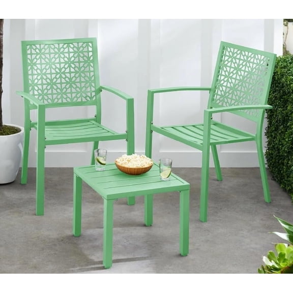 IdeaHouse 3-Piece Patio Bistro Set, Iron Outdoor Table and Stackable Chairs, Weather-Resistant Dining Set for Balcony, Porch, Garden, Small Spaces, Green
