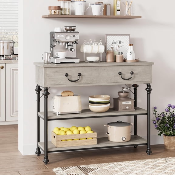 IdeaHouse 31.5" Narrow Console Table with 2 Drawers, Sofa Table, Small Entryway Table with 3-Tier Storage Shelves for Hallway ＆ Living Room, Light Gray