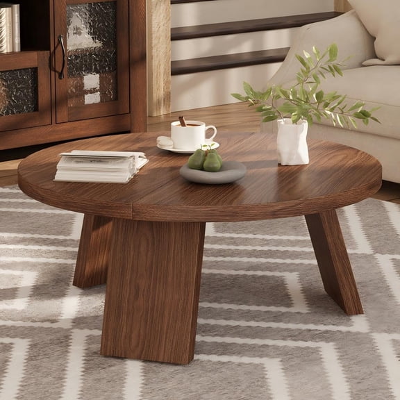 IdeaHouse 33.5" Round Coffee Table, Modern Circle Center Table with Inclined Legs, Accent Cocktail Tables for Living Room, Bedroom, Easy Assembly, Walnut Brown