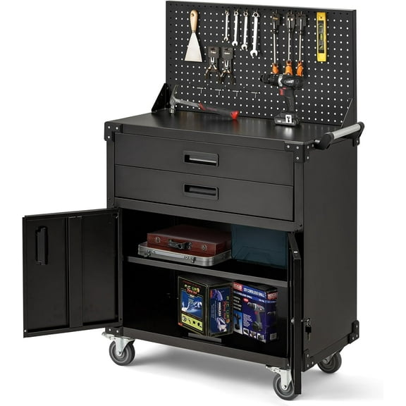 IdeaHouse 35" Tool Chest Cabinet Mobile Garage Workbench, Heavy-Duty Rolling Tool Cabinet with 2 Drawers, Pegboard, Adjustable Shelf & Durable Coated Steel for Workshop & Garage