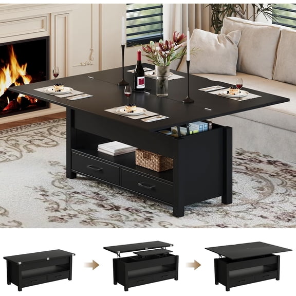 IdeaHouse 40" Coffee Table Lift Top, Multi-Function Convertible Coffee Table with Drawers and Hidden Compartment, Converts to Dining Table for Living Room