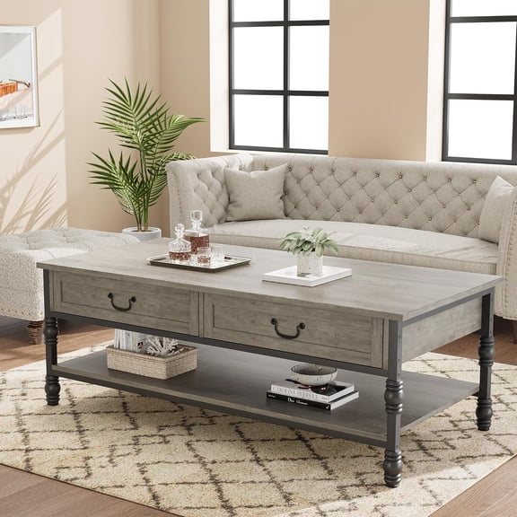 IdeaHouse 41" Rustic Coffee Table with 2 Storage Drawers, Rectangular Coffee Tables w/Storage Shelf and Metal Legs, Wood Large Coffee Table for Living Room Office