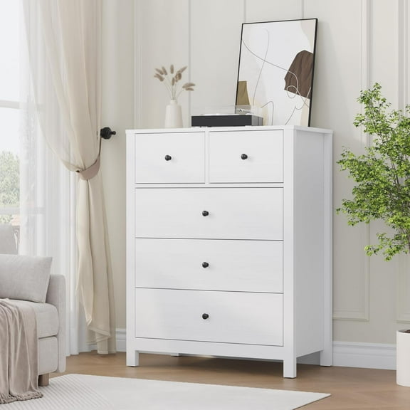 IdealHouse 5 Drawer Dresser, Modern Tall Chest with Storage Drawers, Organizer Cabinet for Bedroom, Living Room, White