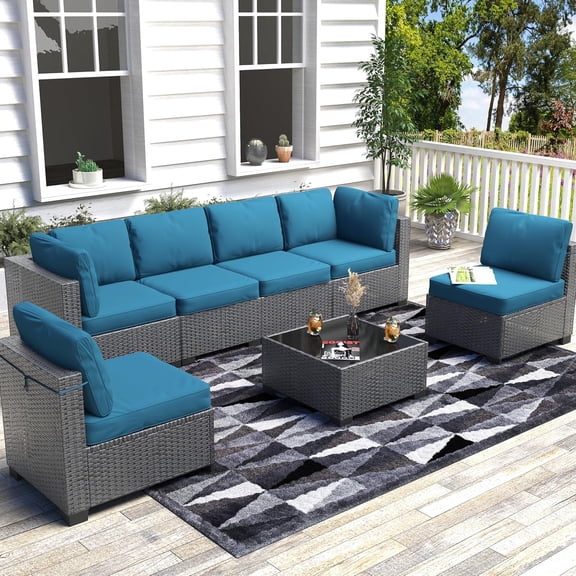 IdeaHouse 7 PCS Outdoor Wicker Patio Furniture Set, PE Rattan Sectional Sofa with Thick Cushions & Tempered Glass Top Coffee Table, Perfect for Garden, Backyard, and Deck Gatherings, Coffee and Blue