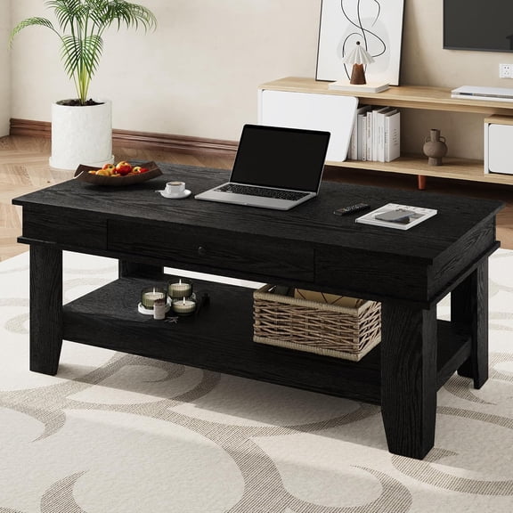 IdeaHouse Black Coffee Table with Drawer, 47.2" Center Table with Storage Shelf, Rustic Coffee Tables Long Living Room Furniture, Sturdy and Easy to Clean, Holds 300 Pounds in Total