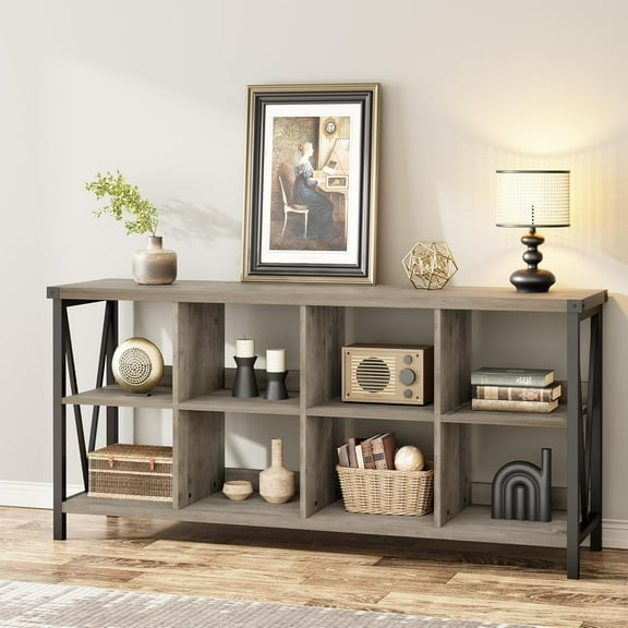 IdeaHouse Console Table, Rustic 3 Tier Sofa Table Behind Couch, Industrial Metal Entryway Table with Storage Shelf, Farmhouse Wooden Foyer Hallway Table for Entry Living Room, Grey.