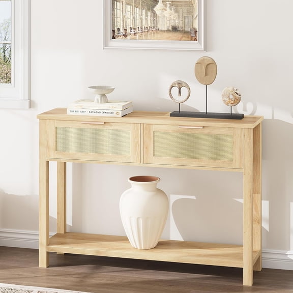 IdeaHouse Entryway Living Room Rattan 2-Tier Narrow with Storage Drawers, Wooden Sofa Table for Living Room, Entryway