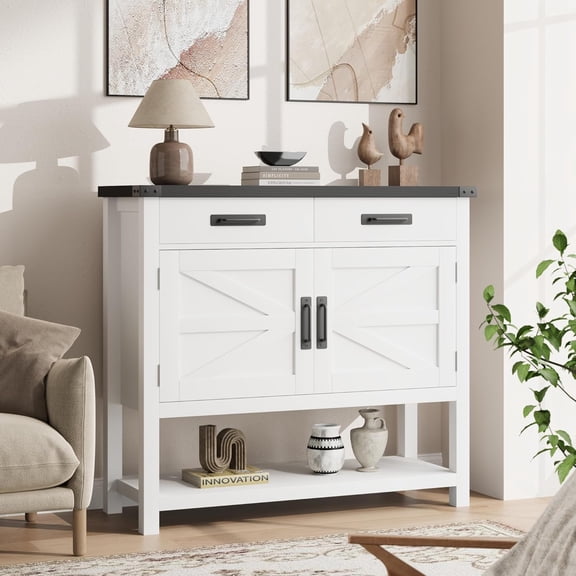 IdeaHouse Farmhouse Console Table with 2-Door & 2 Drawers, Wood Coffee Bar Cabinet Sofa Table, Entryway Table with 2 Storage Cabinets, Farmhouse Buffet Sideboard for Kitchen, Living Room, 36", White