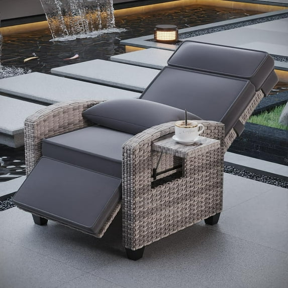 IdeaHouse Outdoor Reclining Chairs with Extended Footrest, Adjustable Rattan Patio Lounge with Flip-Up Table, 150° Lay-Flat Reclining Chair, Light Grey