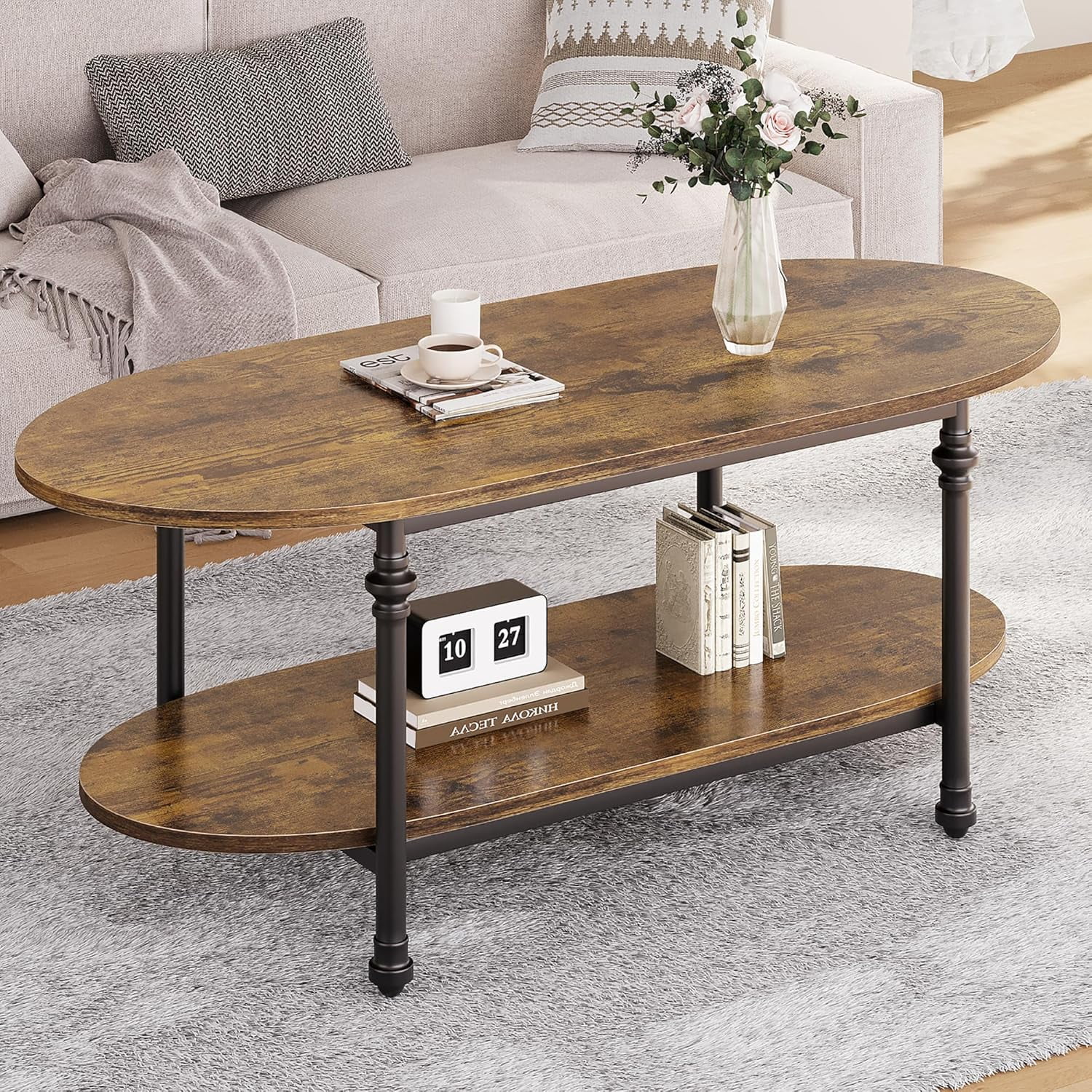 IdeaHouse Oval Coffee Brown Table Unique Tea Table 47.2" Cocktail Table Low Storage Coffee Table 2 Tier Vintage Center Table for Living Room Office Rustic Mid Century