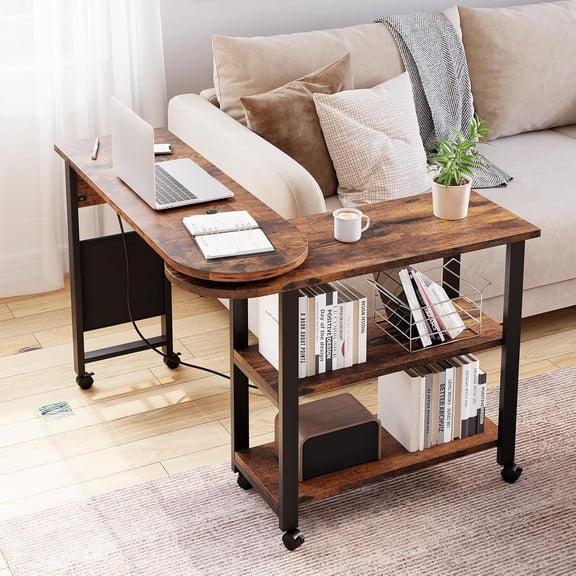 IdeaHouse Rotating Side Table 360° Free Rotating End Table Swivel Sofa Table with Storage Bag and Charging Station 6 Swivel Wheels with Brakes