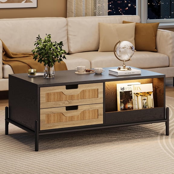 IdeaHouse Wooden Coffee Table, Modern Farmhouse Style 39.4" Table with 4 Hidden Drawers and 2 Open Compartments, Room Tables with LED Mood Lighting for Living Rooms, Bedrooms, Offices, Black Oak