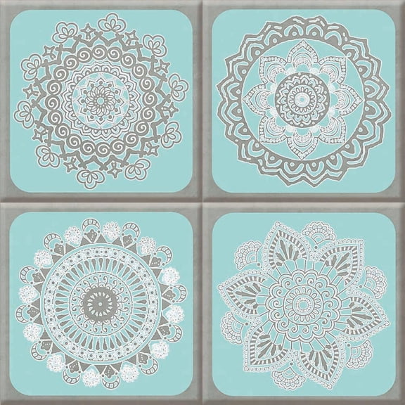 IdeaStix Henna Aqua Grey TileStix - Original Premium 4-Pc Peel & Stick Square Tile Appliques - Washable Removable - Heat and Water Resistant