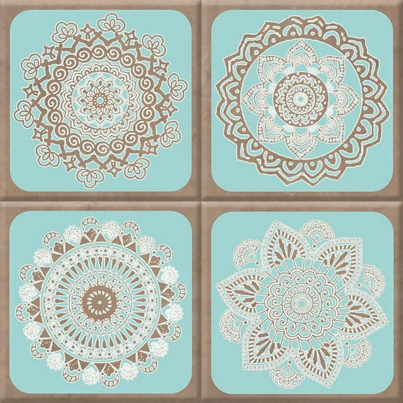IdeaStix Henna Aqua TileStix - Original Premium 4-Pc Peel & Stick Square Tile Appliques - Washable Removable - Heat and Water Resistant