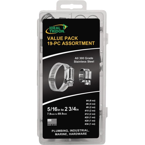 Ideal 5/16 In. to 2-3/4 In. All Stainless Steel Value Pack Hose Clamp Assortment (19-Piece) - 1 Each