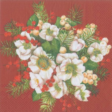 Ideal Home Range Cocktail Decorative Paper Napkins, Hellebores Bouquet on Red, 20 Count