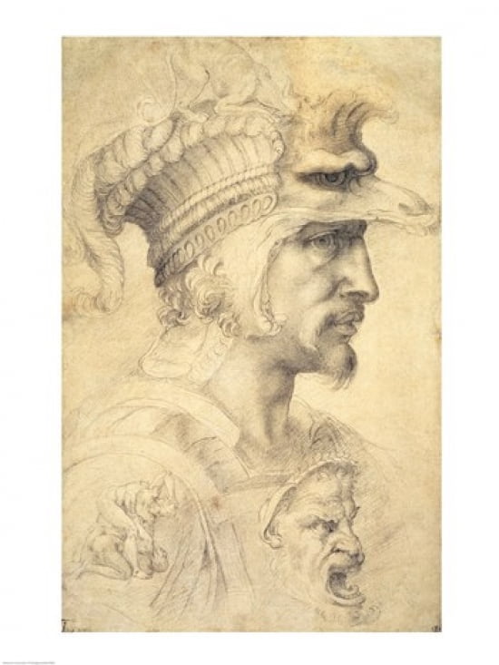 Ideal head of a warrior Canvas Art - Michelangelo Buonarroti (18 x 24)