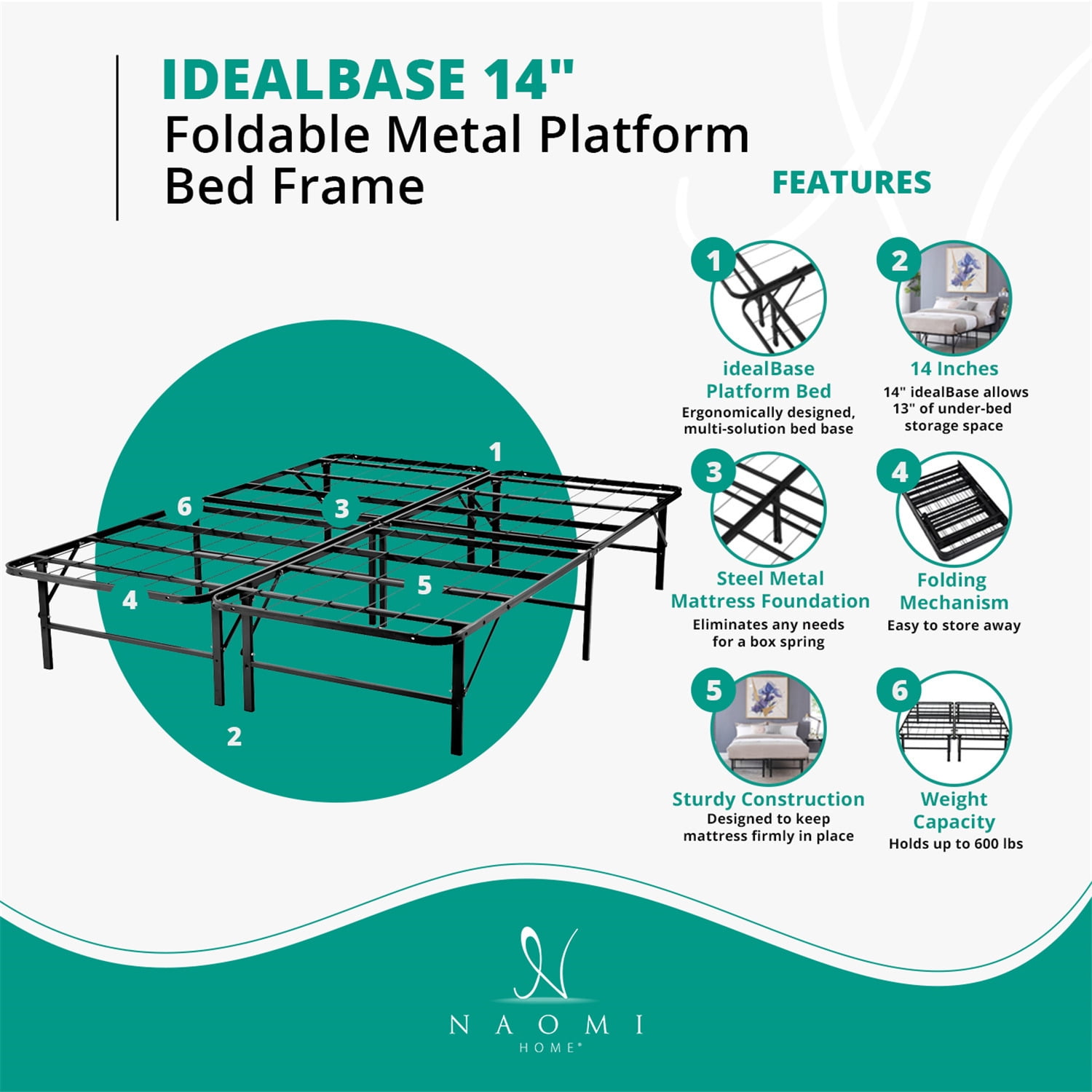 IdealBase 14" Queen Size Bed Frame, Queen Bed Frame, Platform Bed Frame Queen, Metal Bed Frame, Foldable Bed Frame with Heavy Duty Steel, Box Spring Replacement,Tool-Free Assembly, Queen/Black