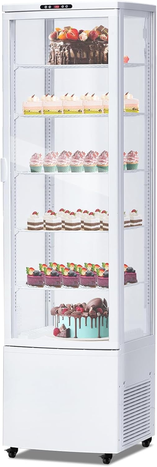 IdealHouse 10.5 Cu.Ft Refrigerated Display Case, Floor-Standing Display Refrigerator with LED Light and Adjustable Shelves, Commercial Display Fridge with Casters for Cakes, Coffee, Bakery