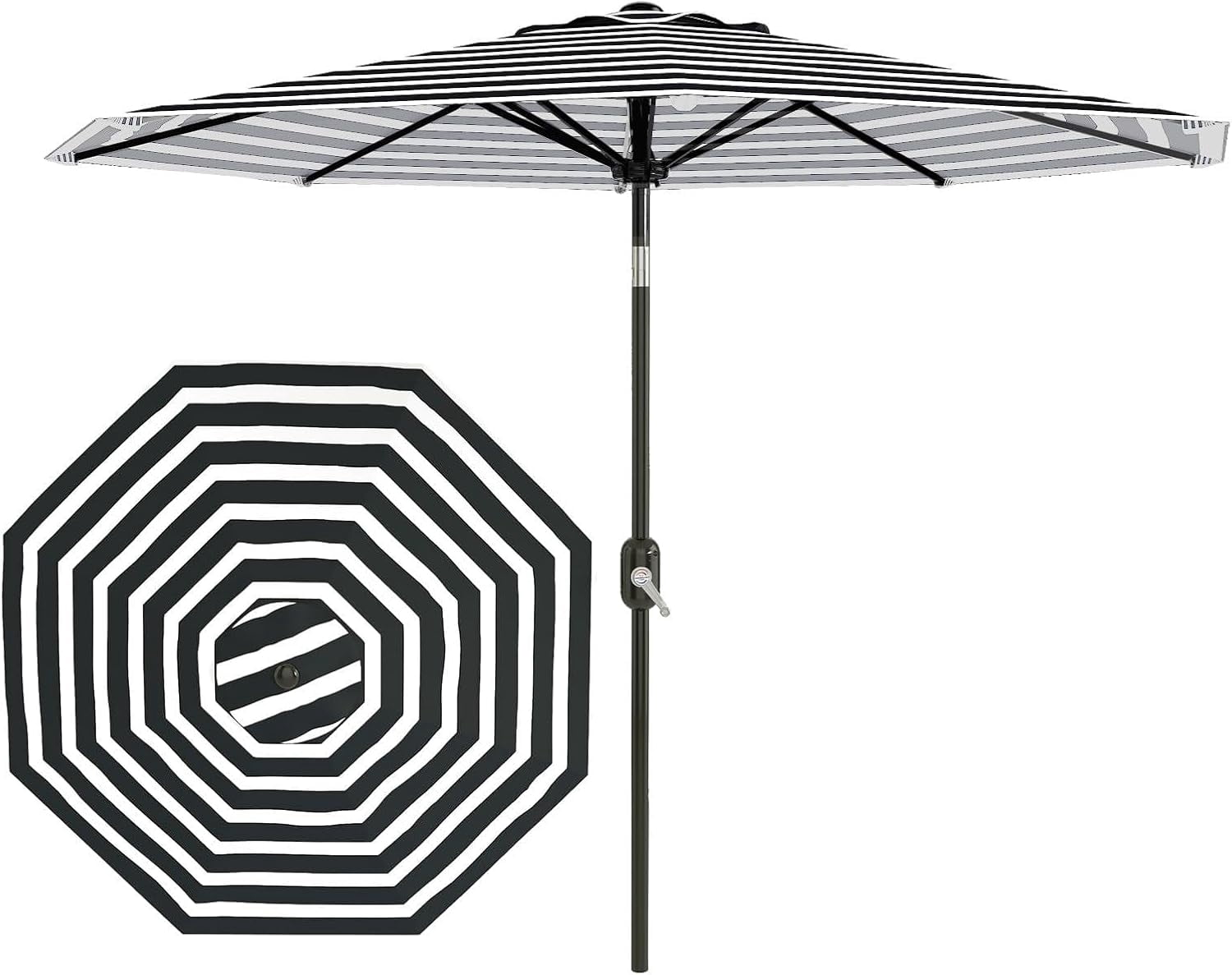 IdealHouse 10 ft Outdoor Patio Umbrella 8 Sturdy Ribs Outdoor Table Umbrella with Crank Lift & Push Button Tilt UV Protection Waterproof Market Umbrellas for Pool Deck Yard, Black & White Stripes