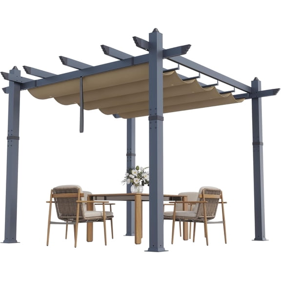 IdealHouse 10'x10' Retractable Pergola - Aluminum Outdoor Pergola with Faux Wood Finish, Retractable Canopy for Patio/Deck/Garden/Beach/Pavilion, Gray + Khaki