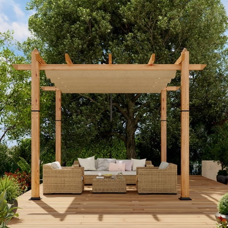 IdealHouse 10'x10' Retractable Pergola - Aluminum Outdoor Pergola with Faux Wood Finish, Retractable Canopy for Patio/Deck/Garden/Beach/Pavilion, Wood + Khaki