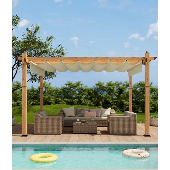 IdealHouse 10'x13' Retractable Pergola - Aluminum Outdoor Pergola with Faux Wood Finish, Retractable Canopy for Patio/Deck/Garden/Beach/Pavilion, Wood + Beige