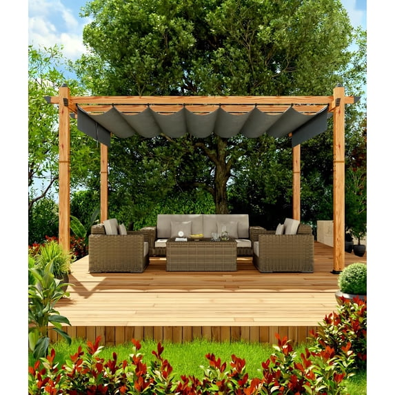 IdealHouse 10'x13' Retractable Pergola - Aluminum Outdoor Pergola with Faux Wood Finish, Retractable Canopy for Patio/Deck/Garden/Beach/Pavilion, Wood + Gray