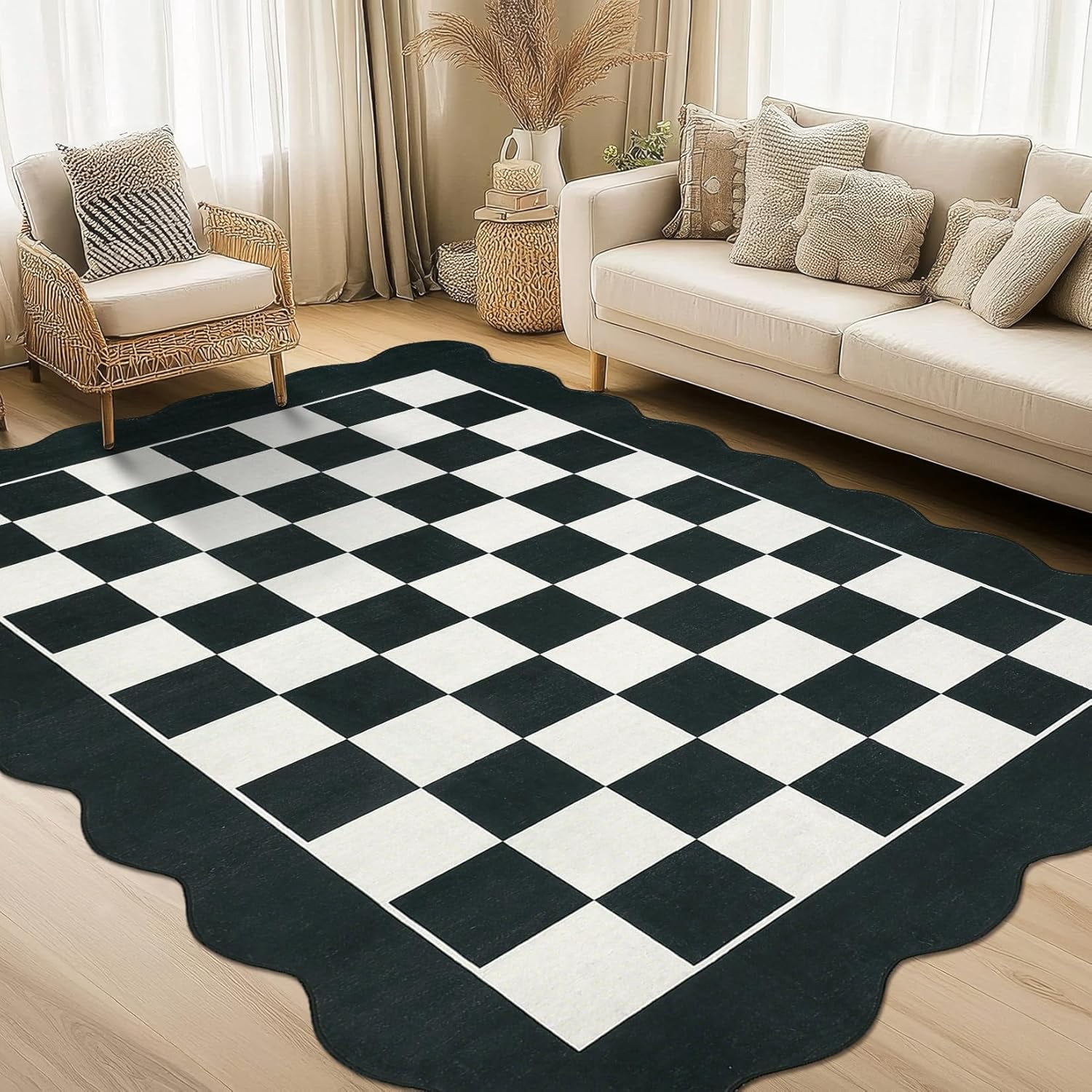 IdealHouse 10'x13' Washable Kitchen Rug, Non-Slip Low Pile Scalloped Checkerboard Farmhouse Entryway Mat, Soft Neutral Area Rug, Black