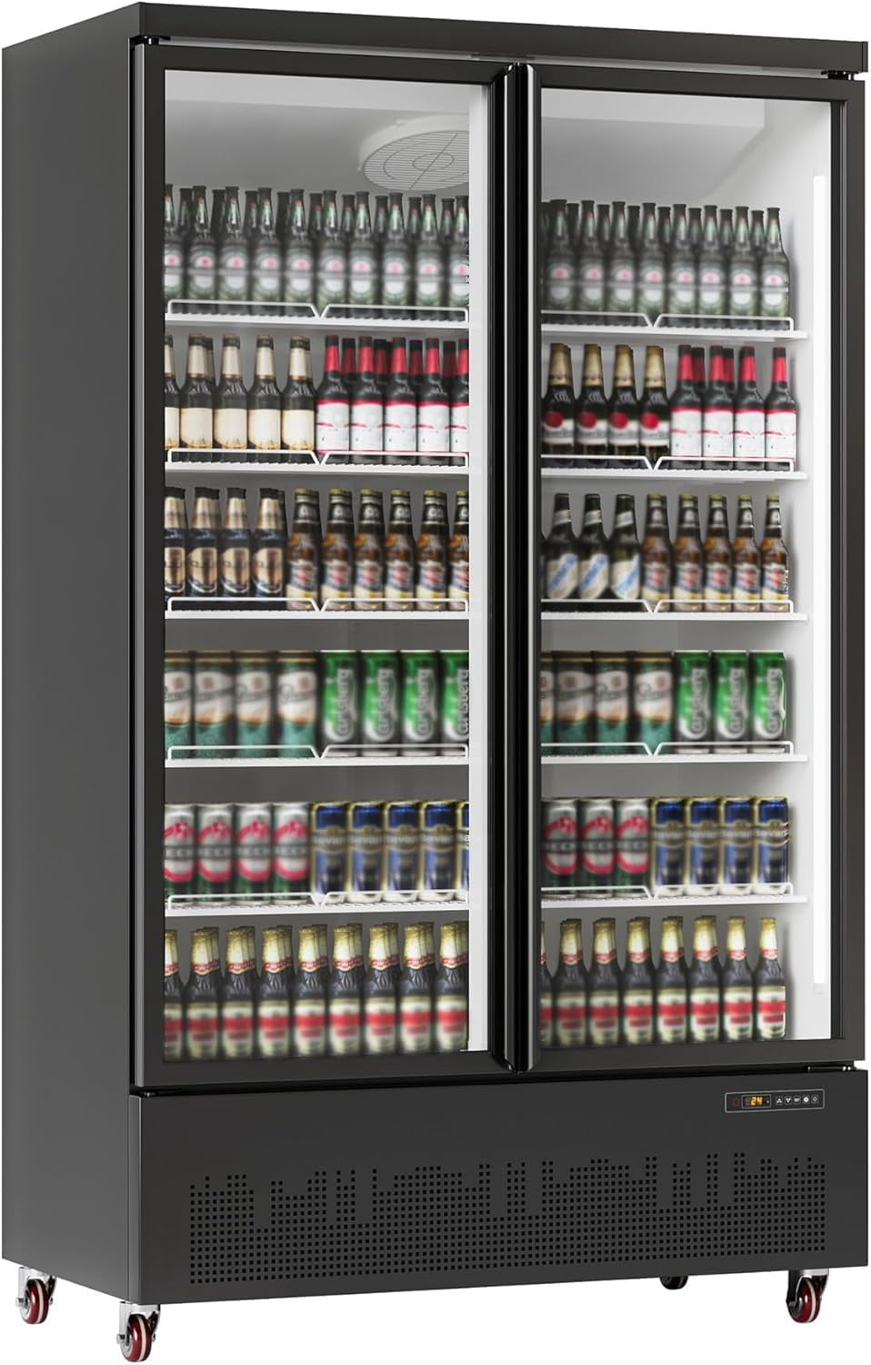 IdealHouse 1000L Commercial Beverage Refrigerator, Double Door Display Fridge, Color Coated Metal Upright Cooler, 110V 515W, Glass Merchandiser for Store, Restaurant, Office, Bakery, No Light Box