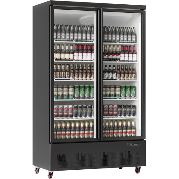 IdealHouse 1000L Commercial Beverage Refrigerator, Double Door Display Fridge, Color Coated Metal Upright Cooler, 110V 515W, Glass Merchandiser for Store, Restaurant, Office, Bakery, No Light Box