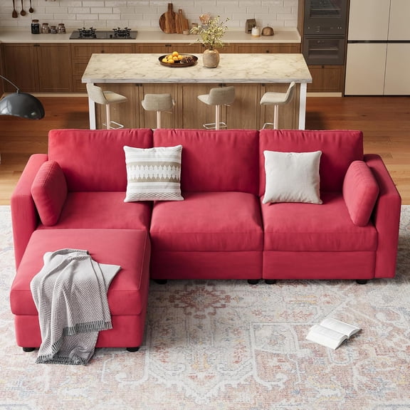 IdealHouse 104" Oversized Modular Sectional Sofa, L Shaped Convertible Chenille Sofa for Living Room, Apartment, Red (3 Seater with Movable Ottoman)