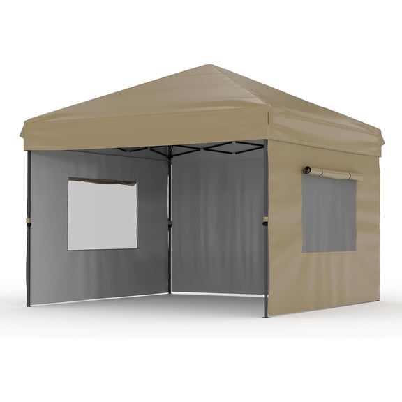 IdealHouse 10x10 Pop Up Canopy Tent - Heavy Duty Commercial Instant Shelter, One-Person Setup with 3 Sidewalls, Waterproof, Flame-Retardant, Khaki