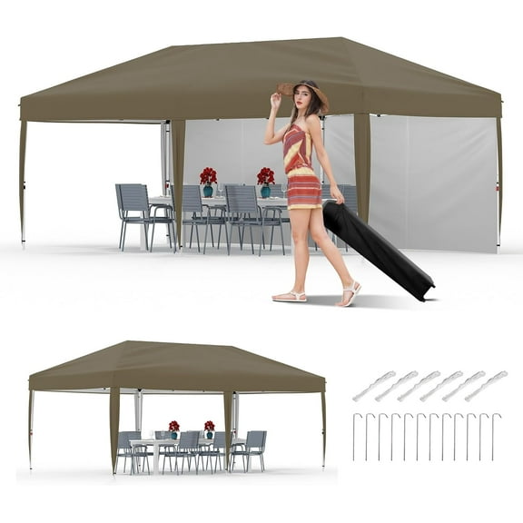 IdealHouse 10x20 Pop Up Canopy Tent - Heavy Duty Outdoor Canopy with 2 Sidewalls, 3 Adjustable Heights, 6 Weight Bags 8 Stakes 6 Guy Ropes & Roller Bag, Brown