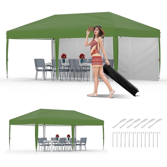 IdealHouse 10x20 Pop Up Canopy Tent - Heavy Duty Outdoor Canopy with 2 Sidewalls, 3 Adjustable Heights, 6 Weight Bags 8 Stakes 6 Guy Ropes & Roller Bag, Green