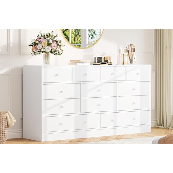 IdealHouse 12 Drawer Dresser for Bedroom, 61 in Long Modern White Dresser TV Stand with Charging Station, Large Wooden Chest Od Drawers for Nursery, Closet, Living Room