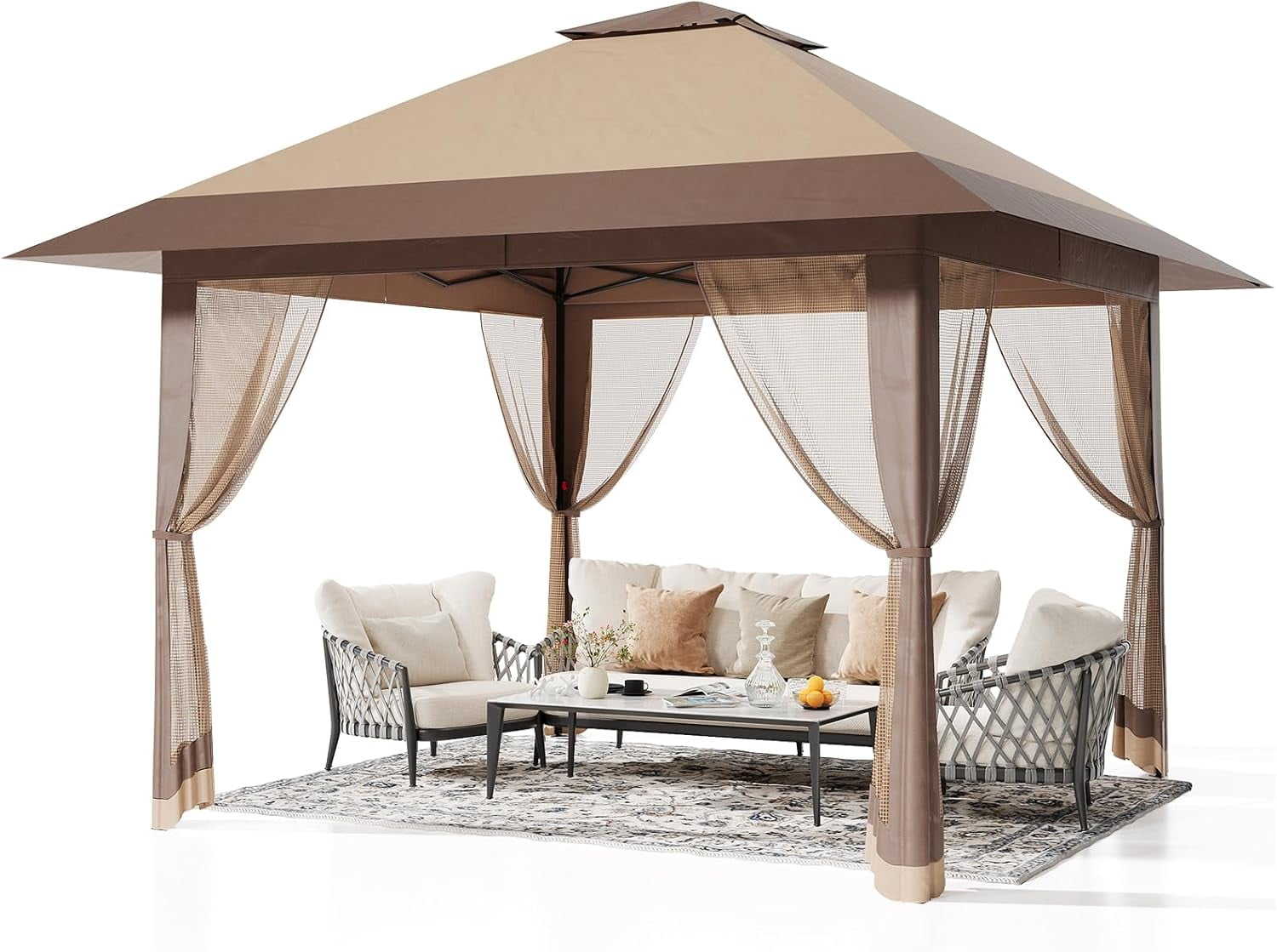 IdealHouse 13x13ft 4-Season Heavy Duty Canopy Tent , Waterproof UV Blocking Gazebo with Mosquito Net, 60-Second Quick Setup Backyard Patio Shelter, Khaki