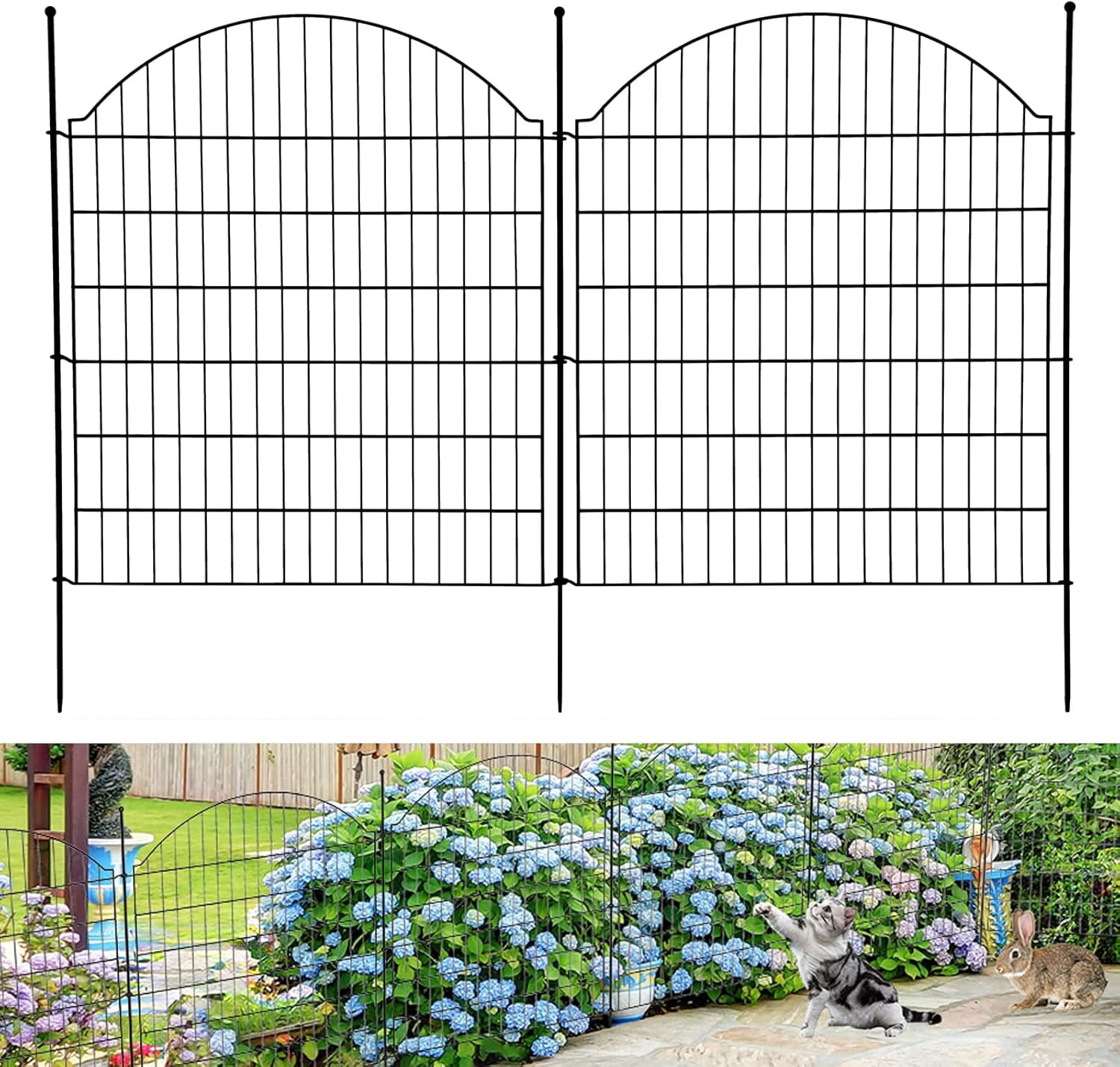 IdealHouse 15-Panel No-Dig Decorative Garden Fence with Door, 32" H x 24' L Metal Animal Barrier, Rustproof Outdoor Wire Fence for Yard, Patio & Landscape, Horizontal Top