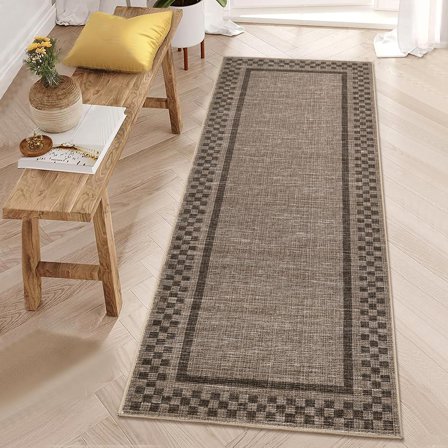 IdealHouse 2'x6' Washable Kitchen Runner Rug, Non-Slip, Soft Modern Low Pile Checkered Hallway Rug for Bedside, Bathroom, Living Room, Brown
