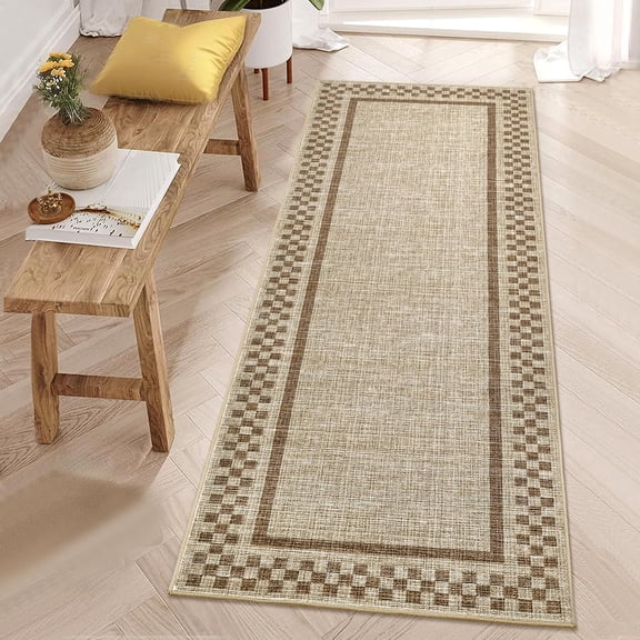 IdealHouse 2'x6' Washable Kitchen Runner Rug, Non-Slip, Soft Modern Low Pile Checkered Hallway Rug for Bedside, Bathroom, Living Room, Taupe