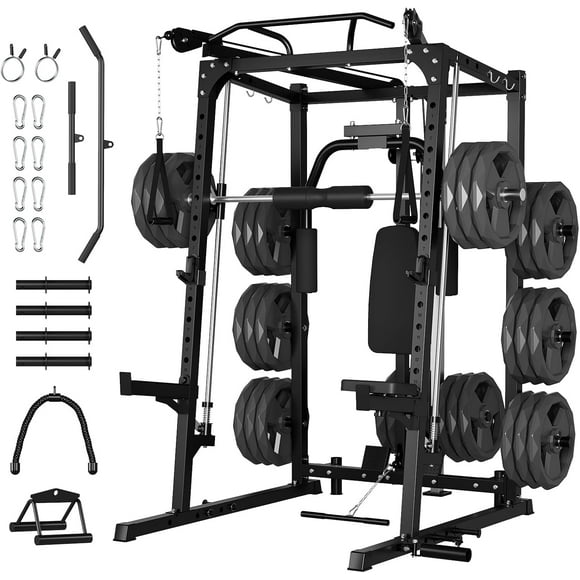 IdealHouse 2000LBS Smith Machine Squat Rack, Multi-Function Power Cage with Dual Pulley System, Cable Crossover & LAT Pulldown for Home Gym (Without Barbell Plates)