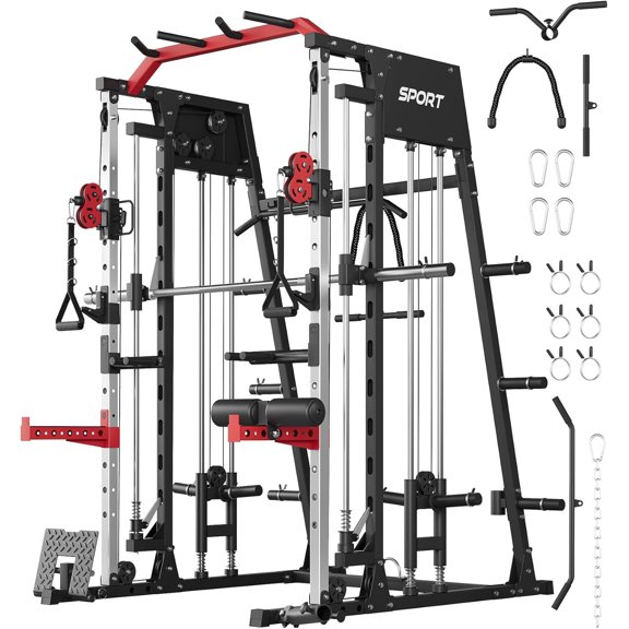 IdealHouse 2200LBS Smith Machine Home Gym, All-in-One Power Cage Squat Rack with LAT Pull-Down, Dual Pulleys & Attachments, Black + Red