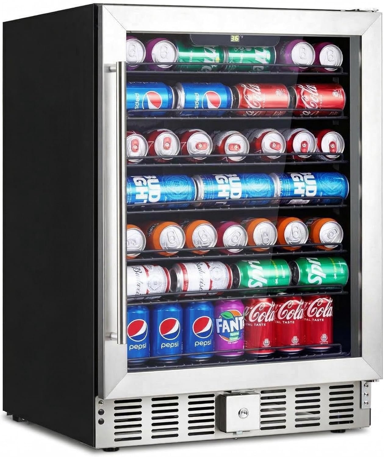 IdealHouse 24 Inch Beverage Refrigerator, 5.1 Cu.ft Built-in or Freestanding Drink Cooler for 166 Cans, Glass Door Mini Fridge for Soda Beer Wine with Digital Temp Control (36-60°f), Quiet, Lock