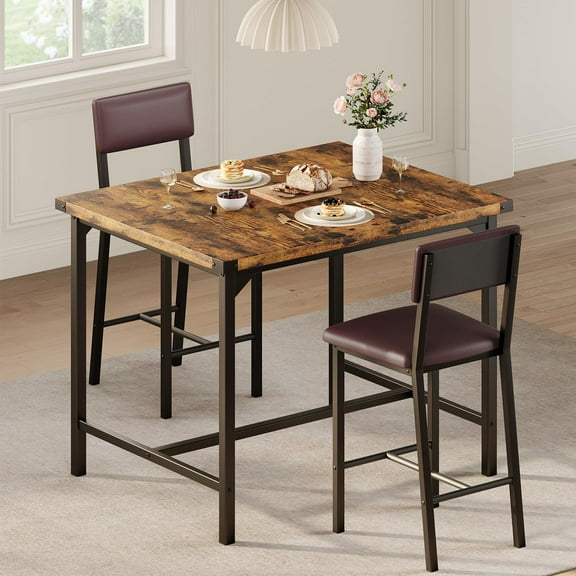 IdealHouse 3-Piece Counter Height Dining Table Set for 2 with Footrest & Corner Protectors, Kitchen Table and 2 Upholstered Bar Stools, Rustic Brown