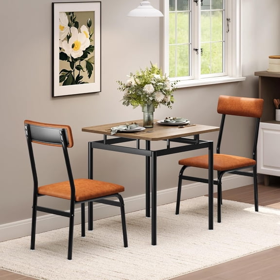 IdealHouse 3-Piece Dining Table Set for 2, Small Kitchen Table and 2 PU Upholstered Chairs, Space-Saving Metal Frame Dinette, for Apartment, Dining Room, Brown