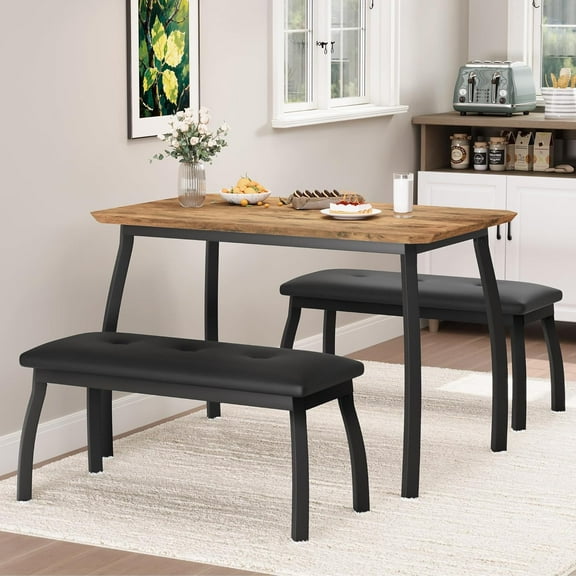 IdealHouse 3-Piece Dining Table Set for 4 with 2 Upholstered Benches, Space-Saving Wooden Kitchen Table, for Small Dining Room, Apartment, Home, Retro Brown